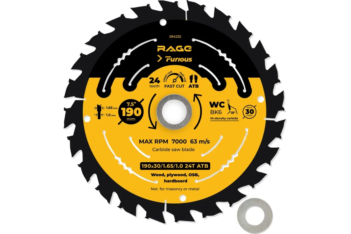 Диск пильный Fast cut 190 мм (7 1/2”) Z24 посадка 30+20/16 RAGE Furious 594232