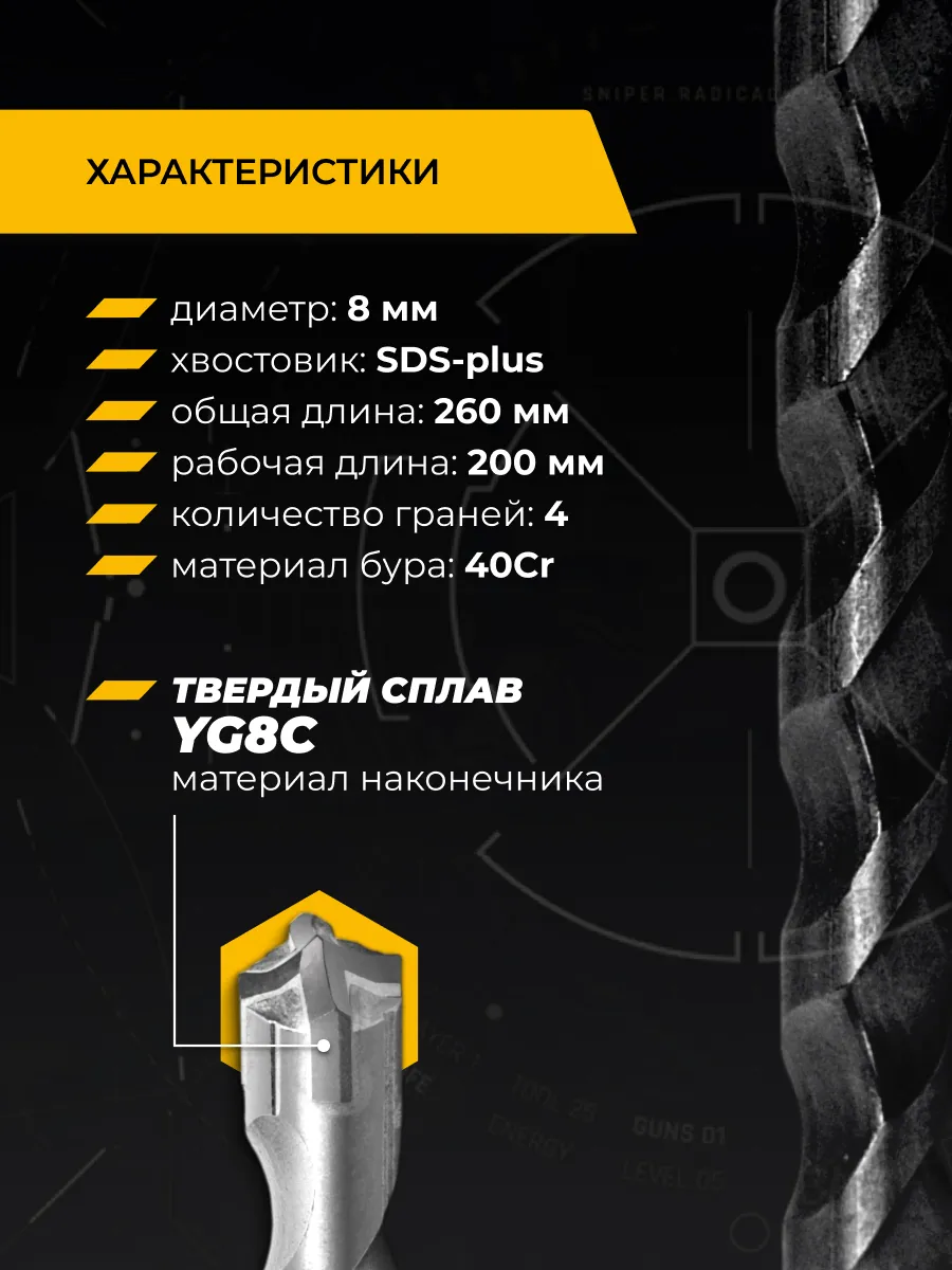 Бур по железобетону 8х260 мм SDS-plus RAGE Furious 4 резца 567826 — изображение 3