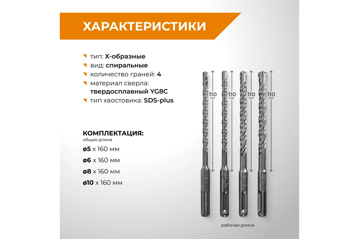 Набор буров по бетону RAGE 5,6,8,10x160 SDS-plus Quadro-X 564544 — изображение 2